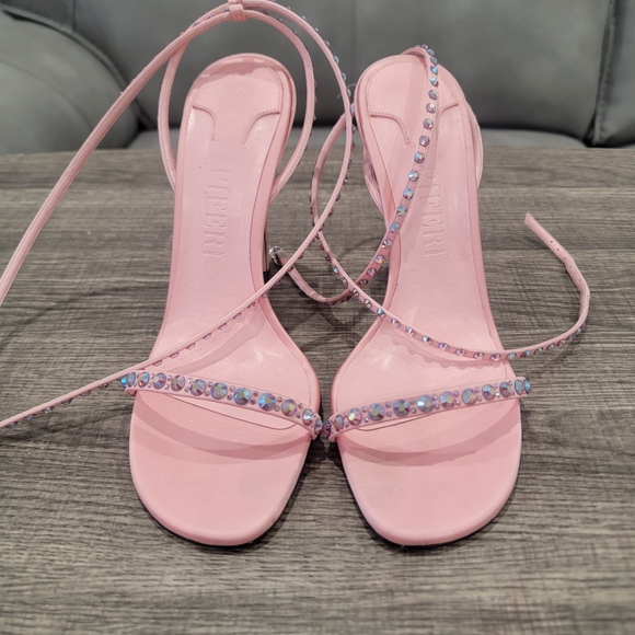 Piferi Satin Vegan Leather Ankle Wrap Stylish Pink Rhinestone Heels Size 37 Or 7 - Picture 14 of 14